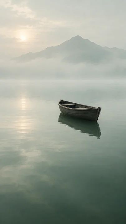 灰绿湖面上一叶木舟静静停泊，晨光穿过远山薄雾，在平缓的水面留下柔和倒影。，手机壁纸