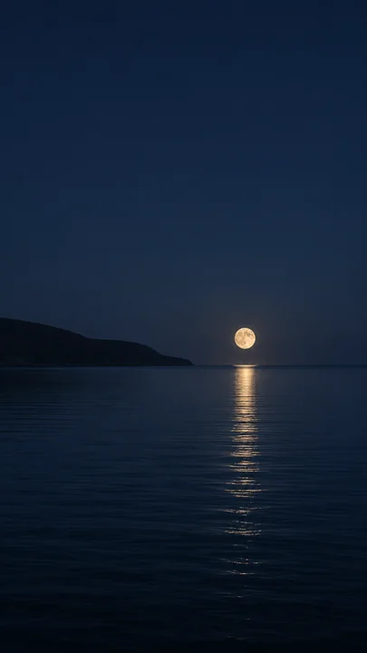深蓝海湾上，一轮月亮映出柔和光带。低低的海岬与广阔夜空，让画面归于安静。，手机壁纸