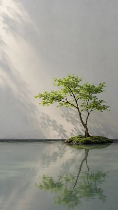 一株青枫立于浅水苔岛，柔和日光将枝影投向素墙，灰绿水面映出安静的倒影。，手机壁纸