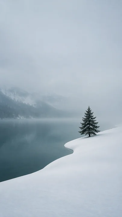 薄雾中的青灰色湖水、弧形雪岸和一棵深绿松树，远处山林隐约可见的竖版手机壁纸，手机壁纸