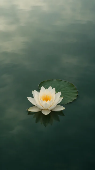 青绿色静水上一朵白色睡莲、黄色花心与一片深绿浮叶，带柔和倒影的竖版手机壁纸，手机壁纸