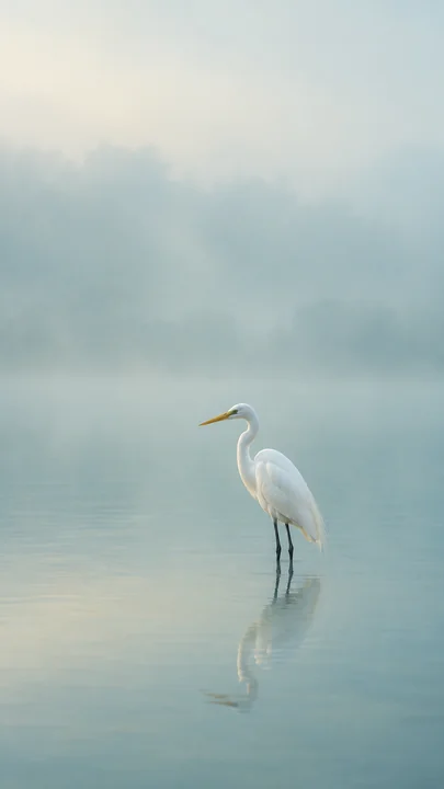 青蓝晨雾中一只白鹭站在浅水里，水面映出淡淡倒影，手机壁纸